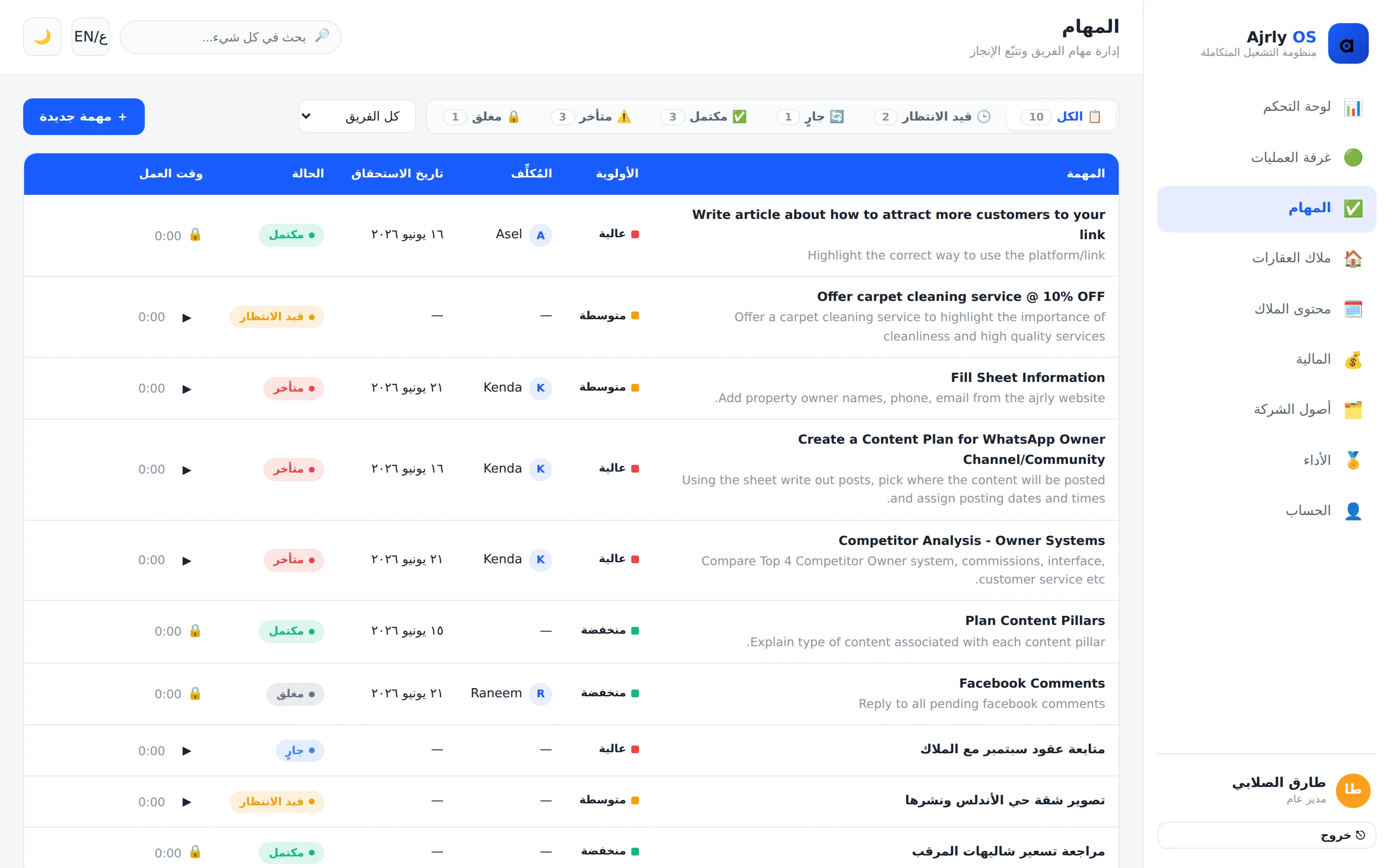 المهام: فلاتر بالحالة والفريق، أولويات، ومؤقّت عمل لكل مهمة