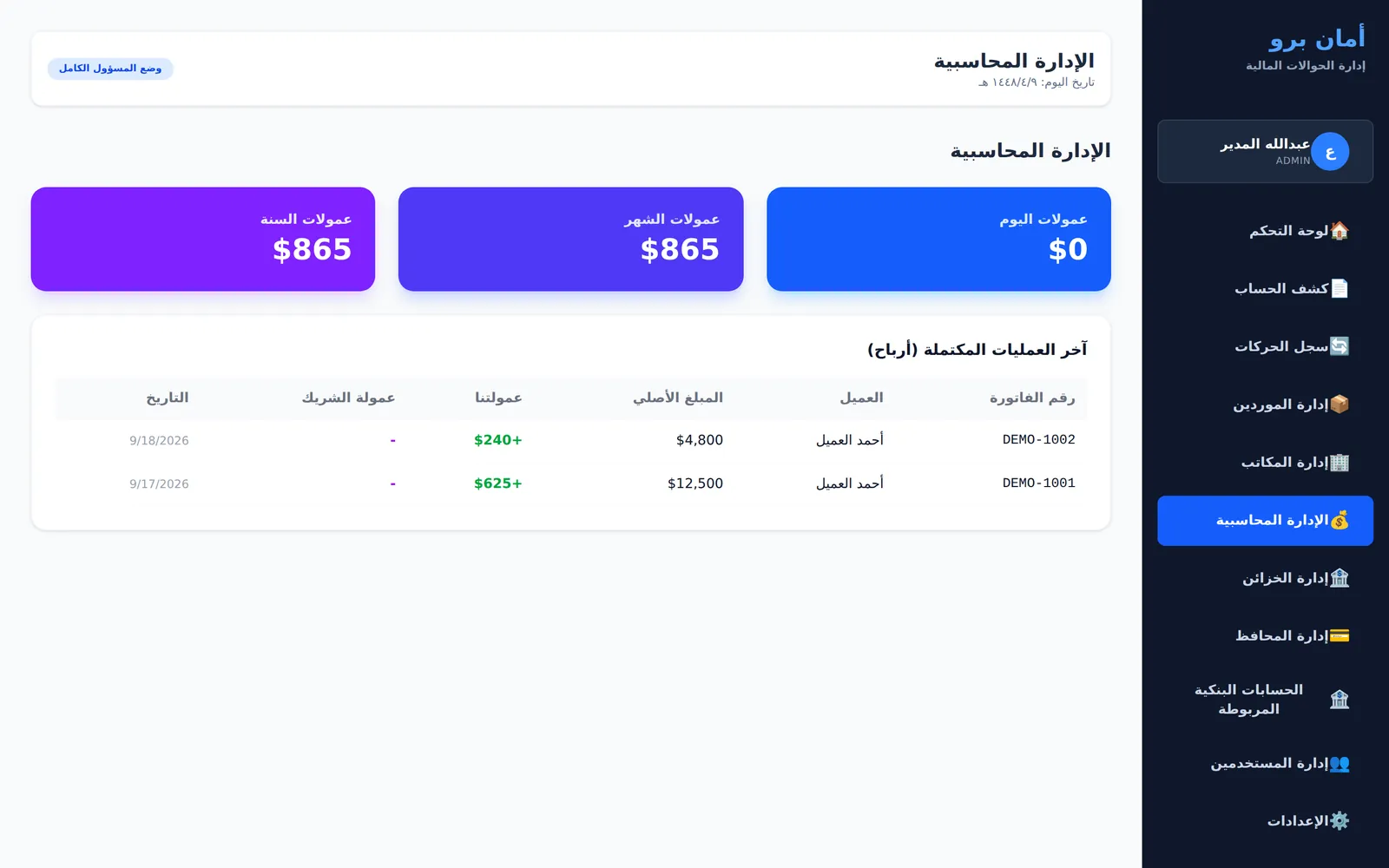 عمولات محصّلة يومياً وشهرياً وسنوياً مع أرباح العمليات